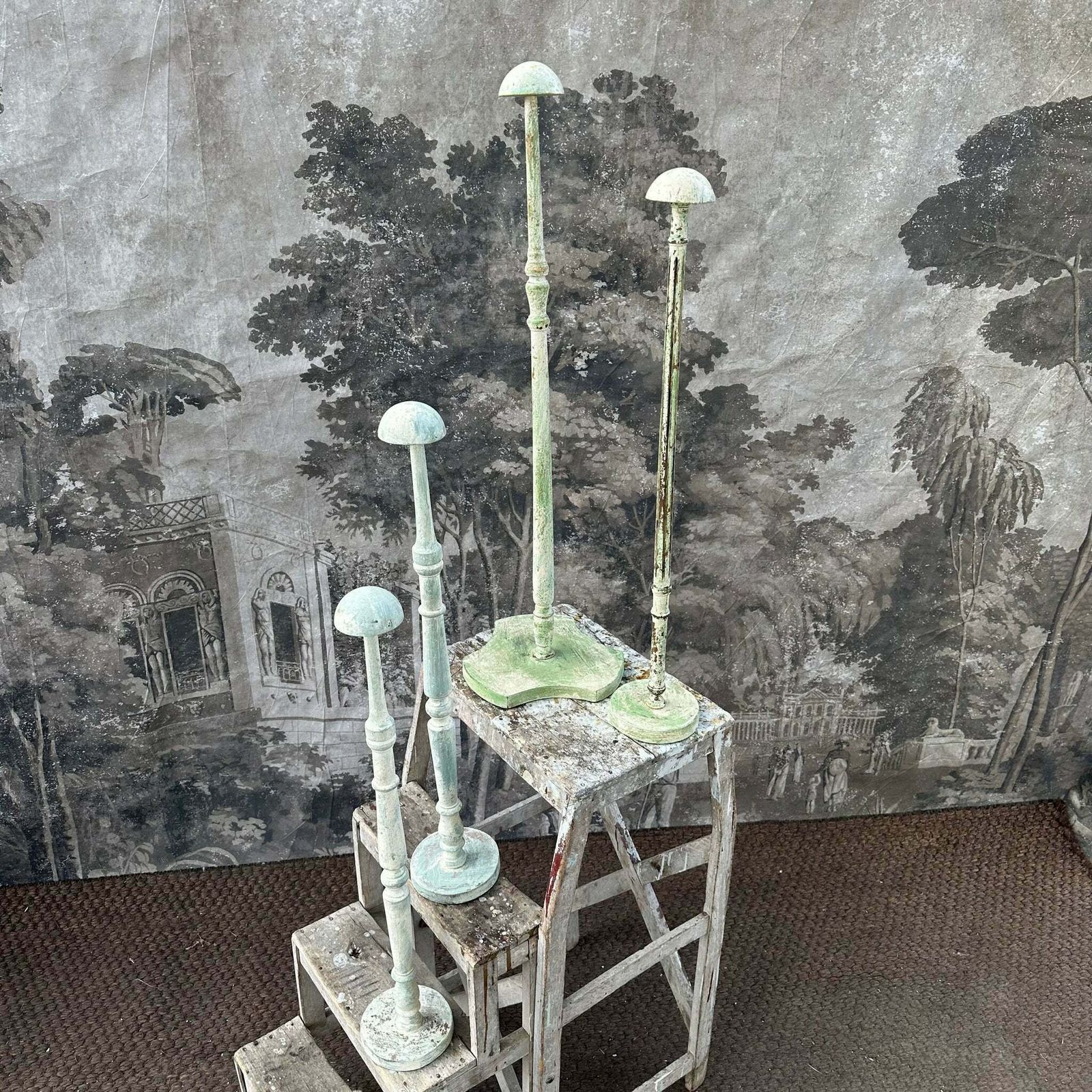 French Vintage Wooden Painted Wig/Hat Stand Collection Of 4 photo furniture