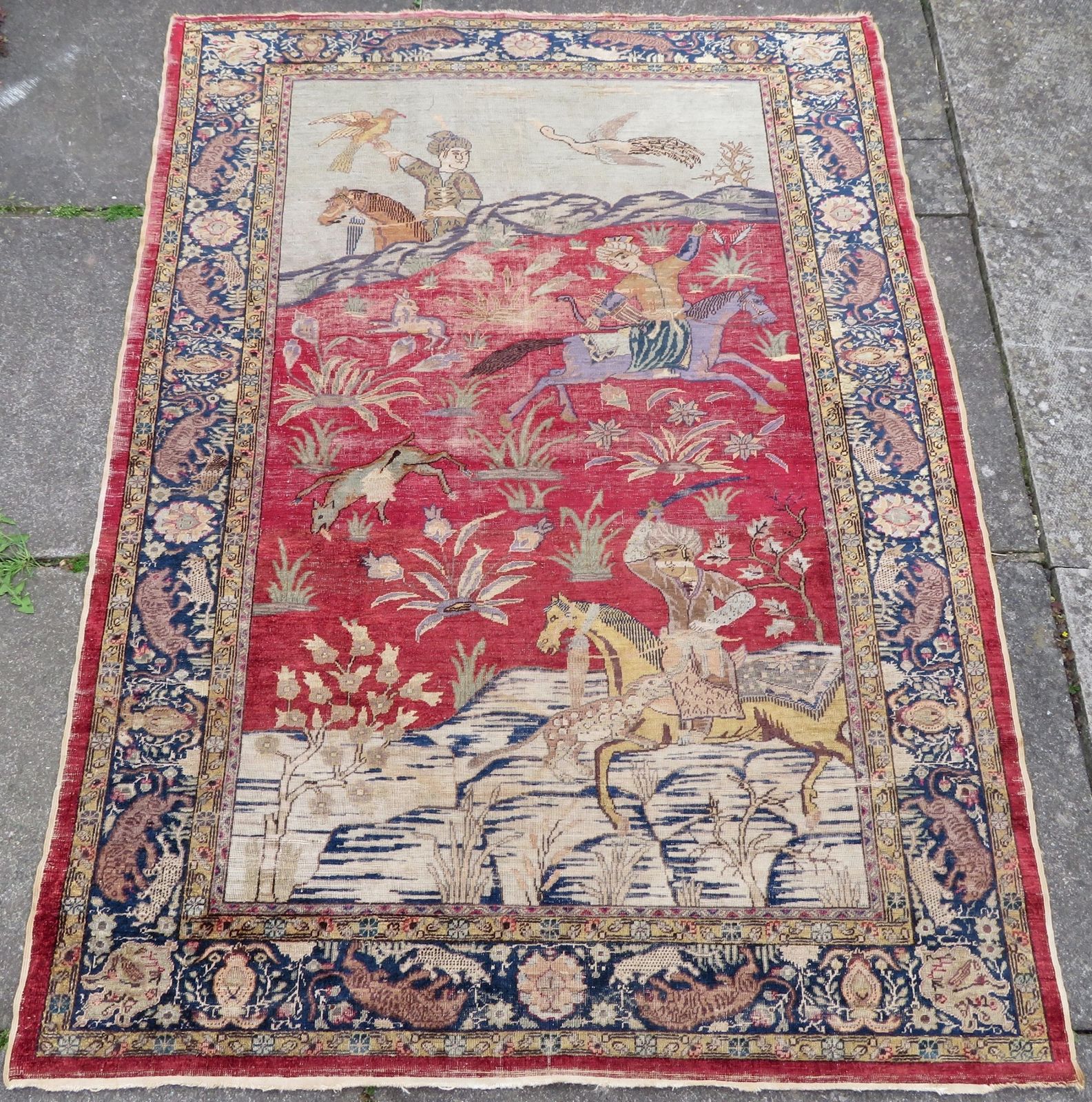 19th Century Turkish Pictorial (Hunting Scene) Silk Rug. West Anatolia. 171cm X 125cm.