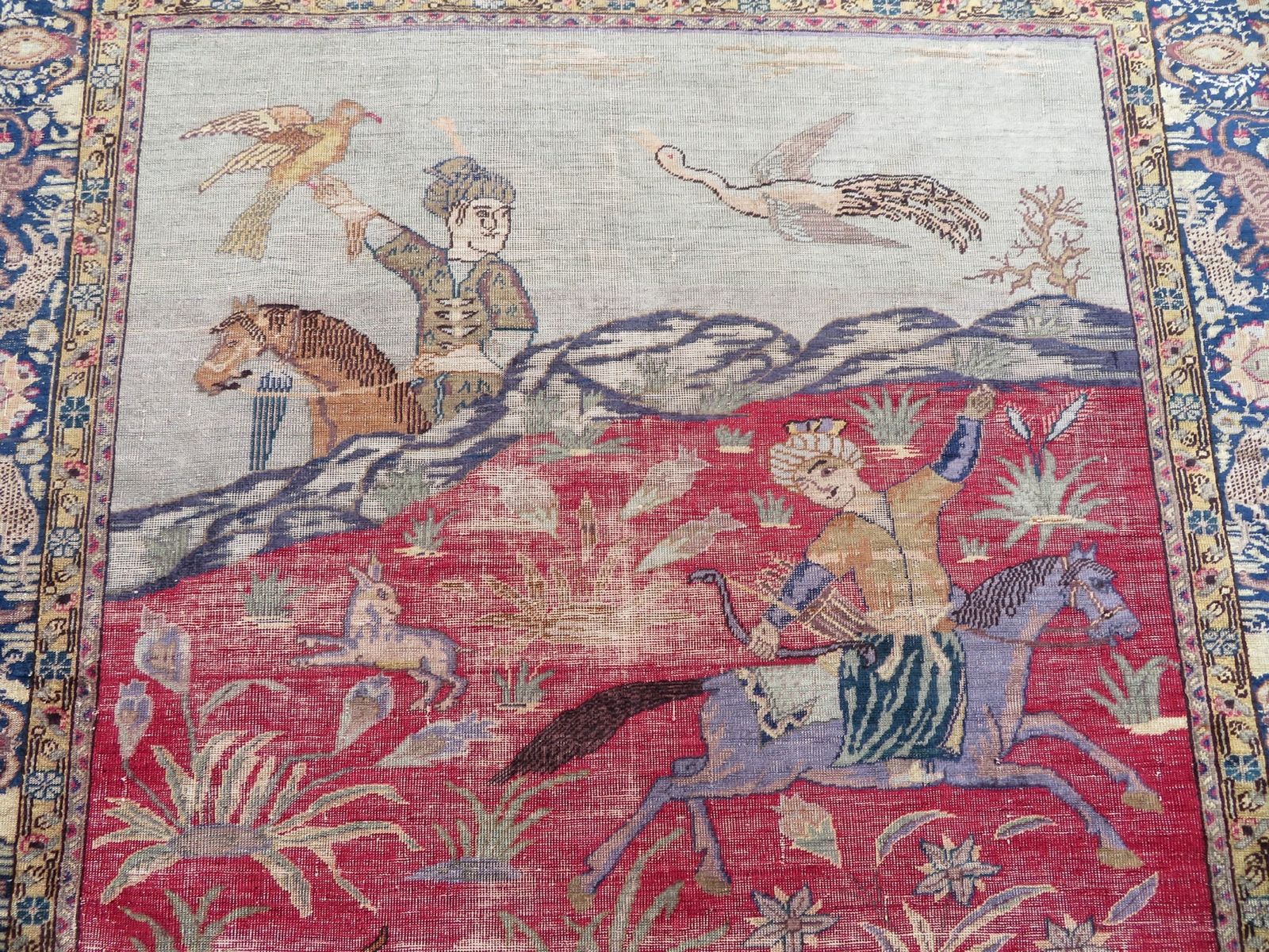 19th Century Turkish Pictorial (Hunting Scene) Silk Rug. West Anatolia. 171cm X 125cm. photo for sale