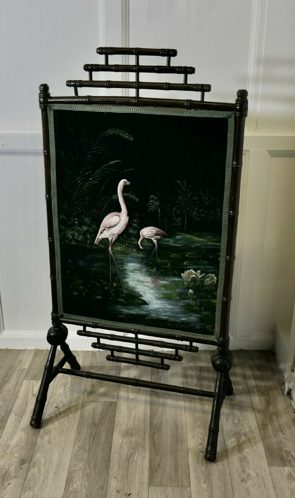 Black Lacquer Oriental Fire Screen, Painted With Flamingos photo vintage
