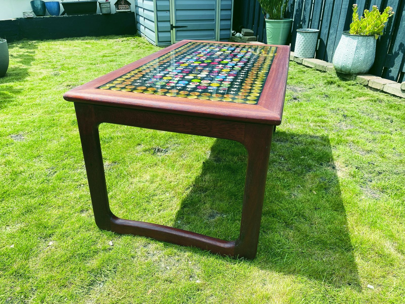 Up Cycled Mid Late Century Hard Wood Coffee Table, With Radially Repeating Decorative Inlay photo for sale