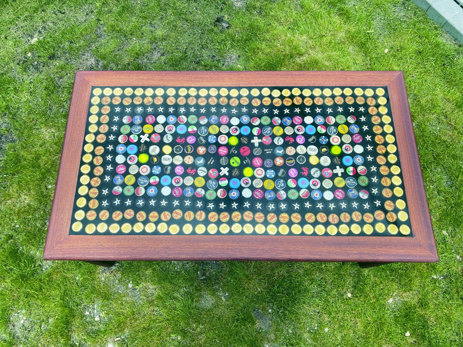 Up Cycled Mid Late Century Hard Wood Coffee Table, With Radially Repeating Decorative Inlay photo buy
