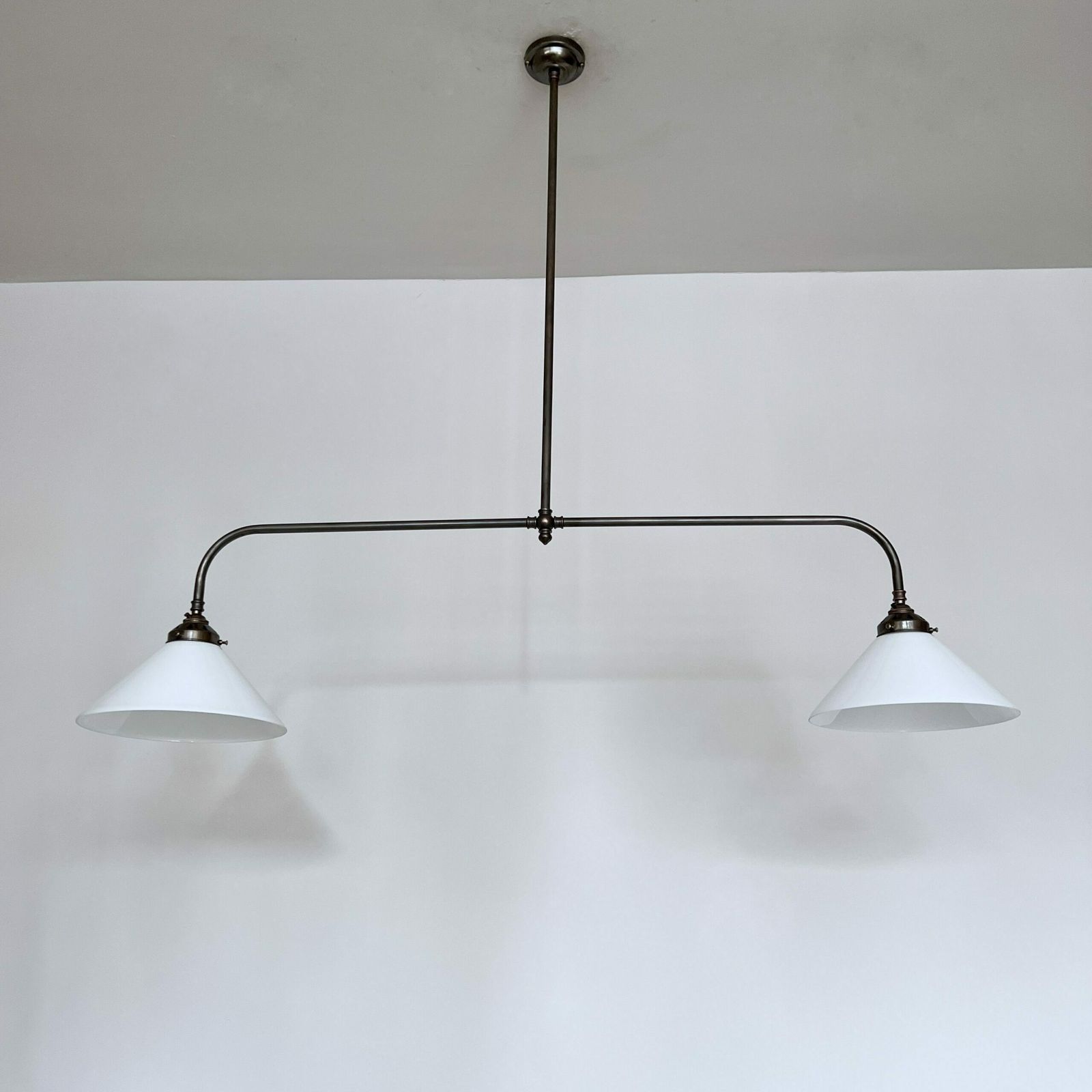 Newly Made Antique Brass Pendant With Galleries And White Conical Glass Shades photo furniture