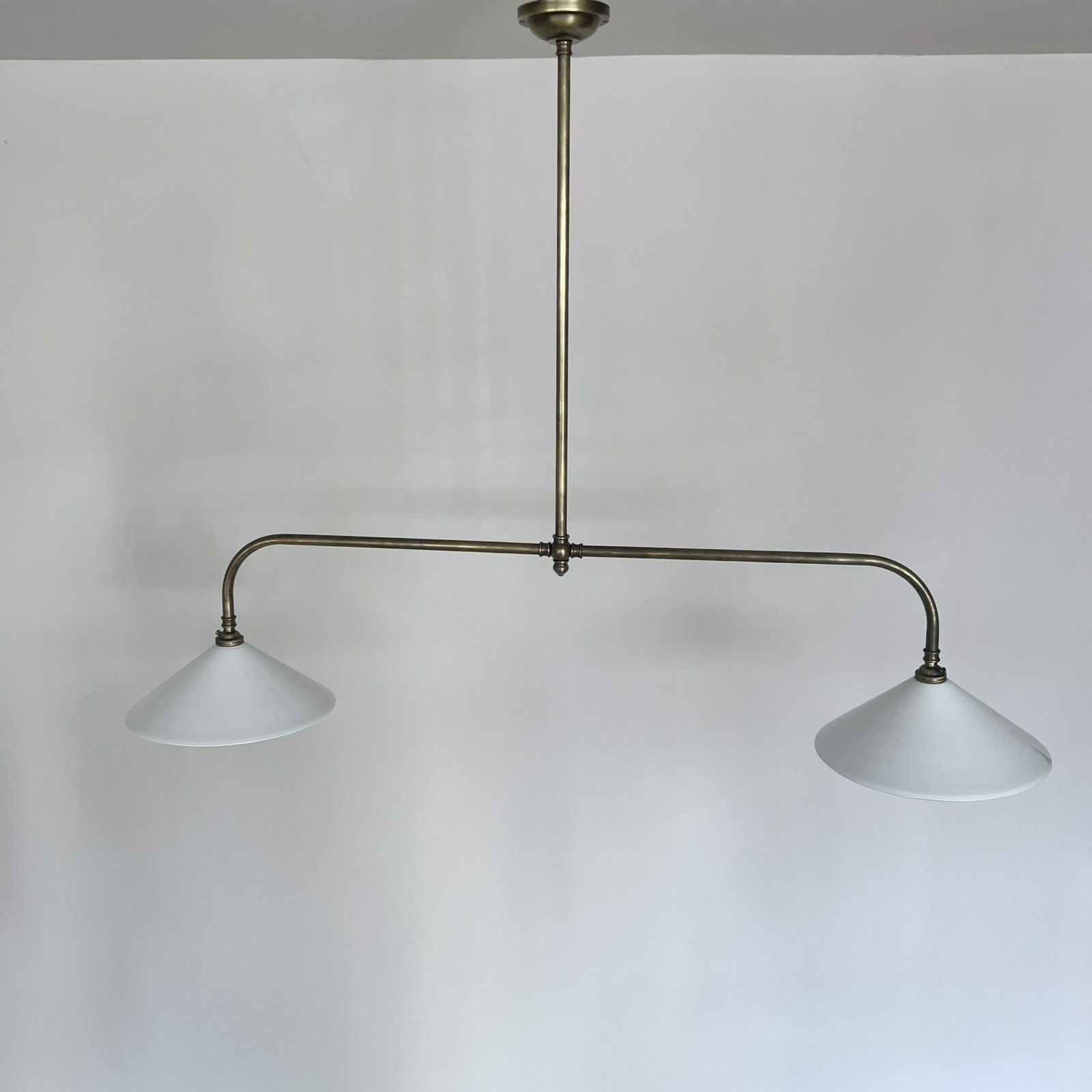 Newly Made Antique Brushed Brass Pendant With White Conical Glass Shades photo Lighting
