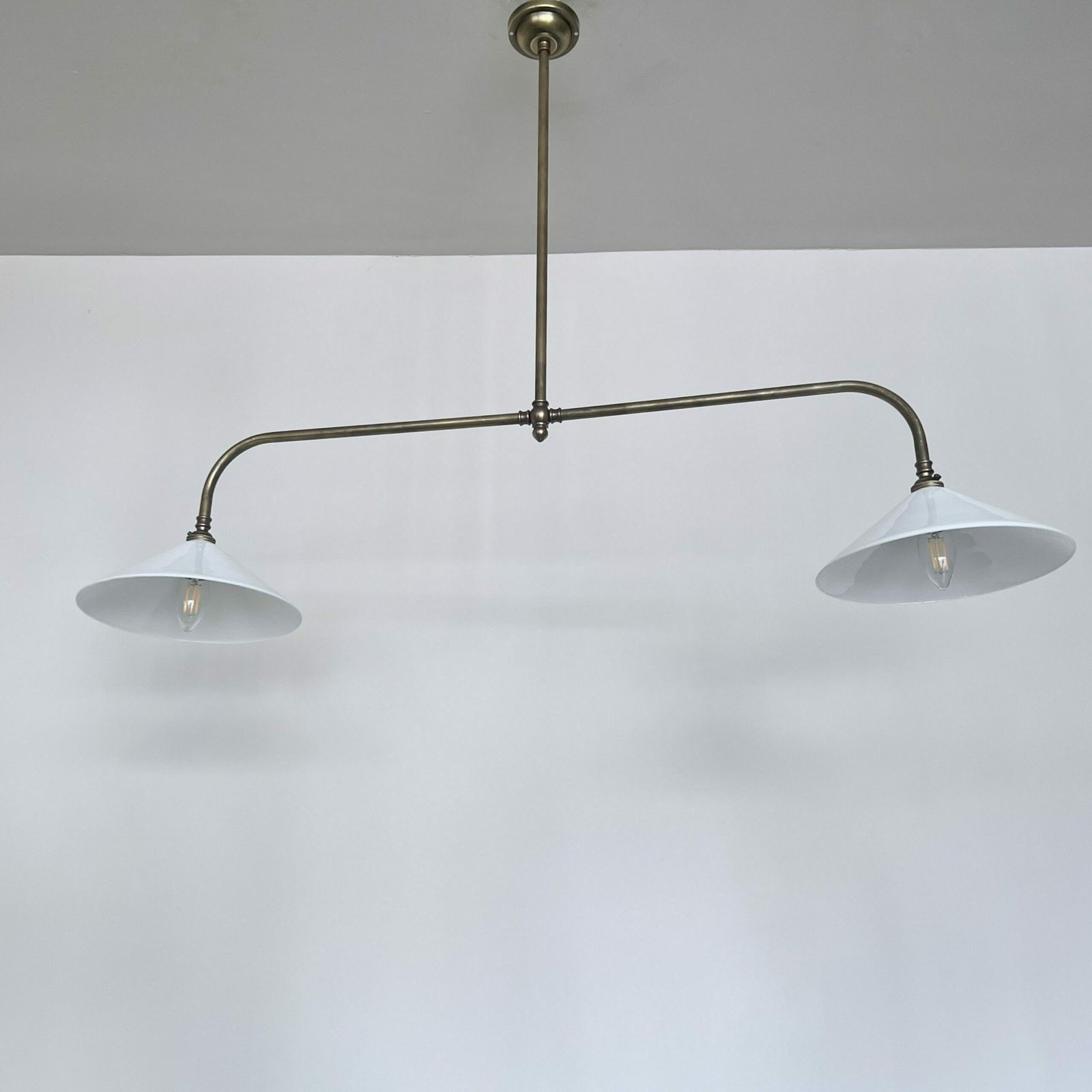 Newly Made Antique Brushed Brass Pendant With White Conical Glass Shades photo 695.0