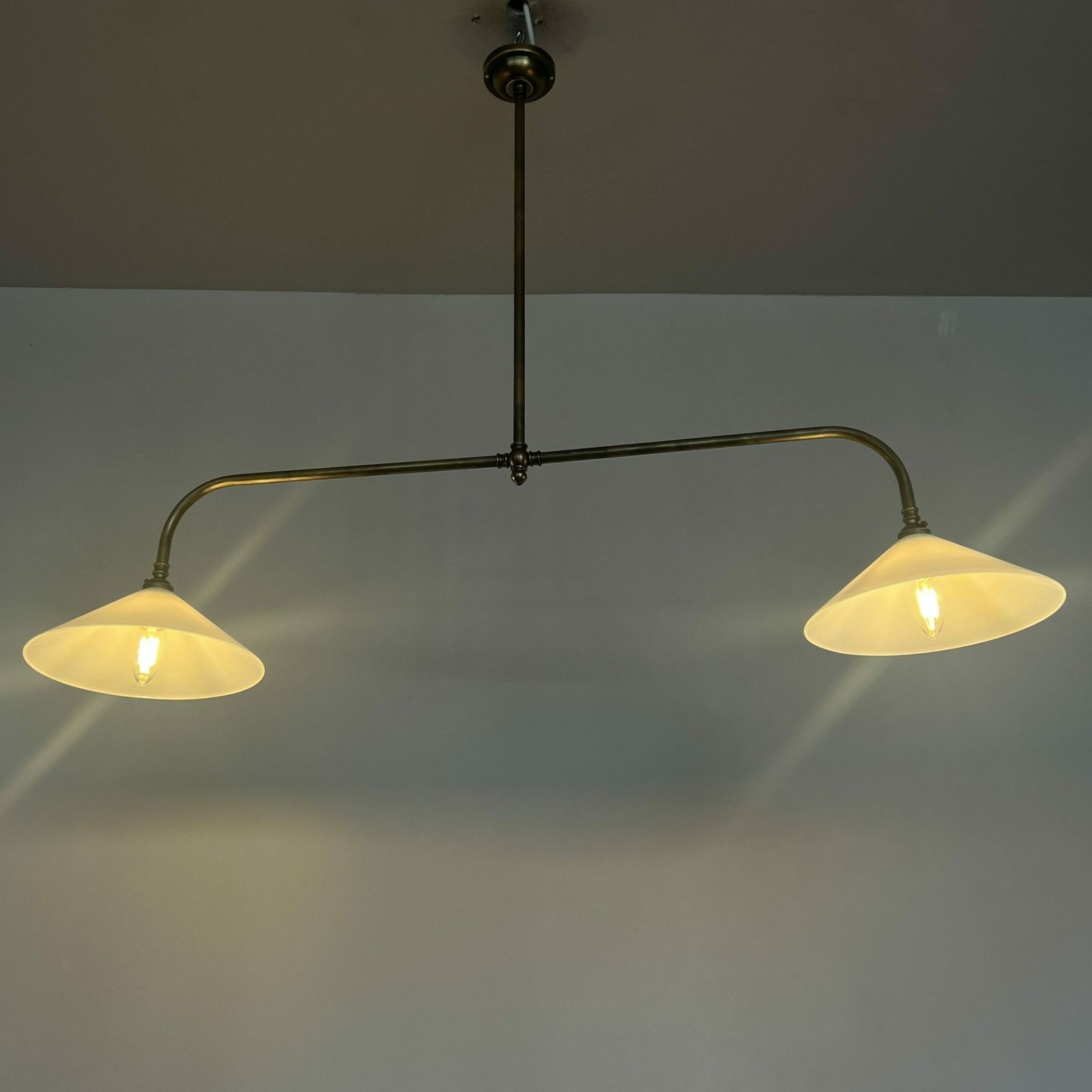 photo for sale Newly Made Antique Brushed Brass Pendant With White Conical Glass Shades
