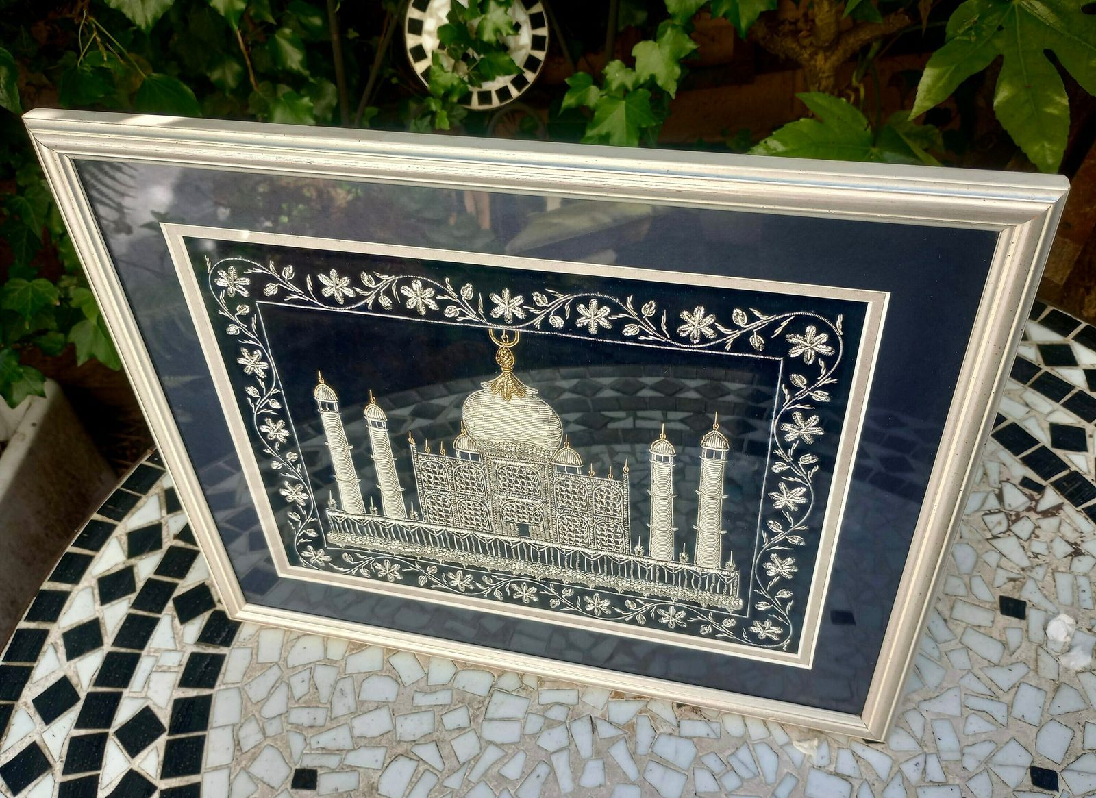 Beautiful Gold And Silver Vintage Stump Work Taj Mahal Embroidery, Framed And Glazed photo Art