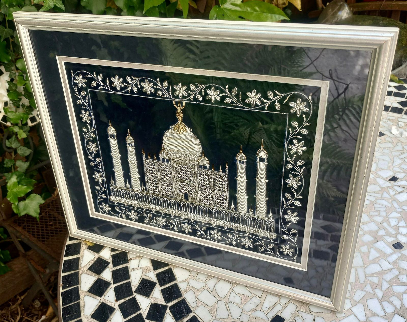 Beautiful Gold And Silver Vintage Stump Work Taj Mahal Embroidery, Framed And Glazed photo vinterior