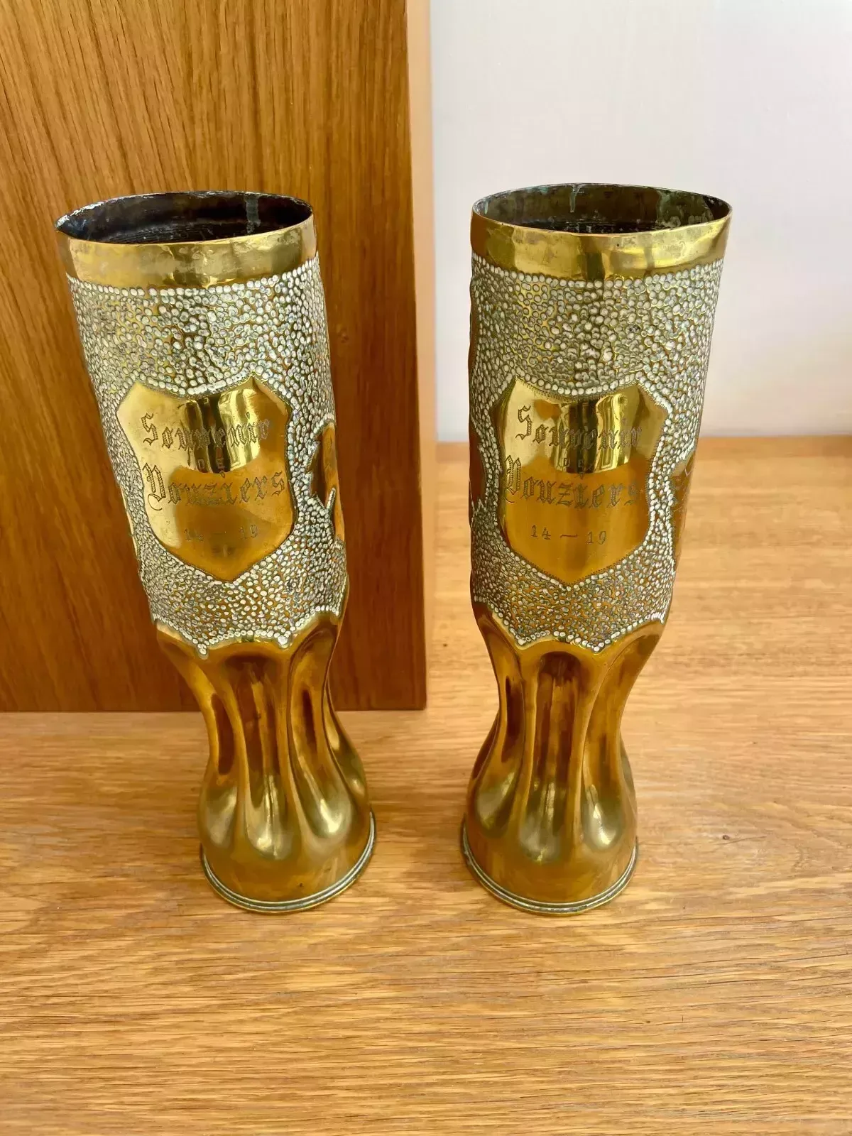 A Pair Of Brass Trench Art Vases With Vine Pattern "Souvenir De Vouziers 14 19"