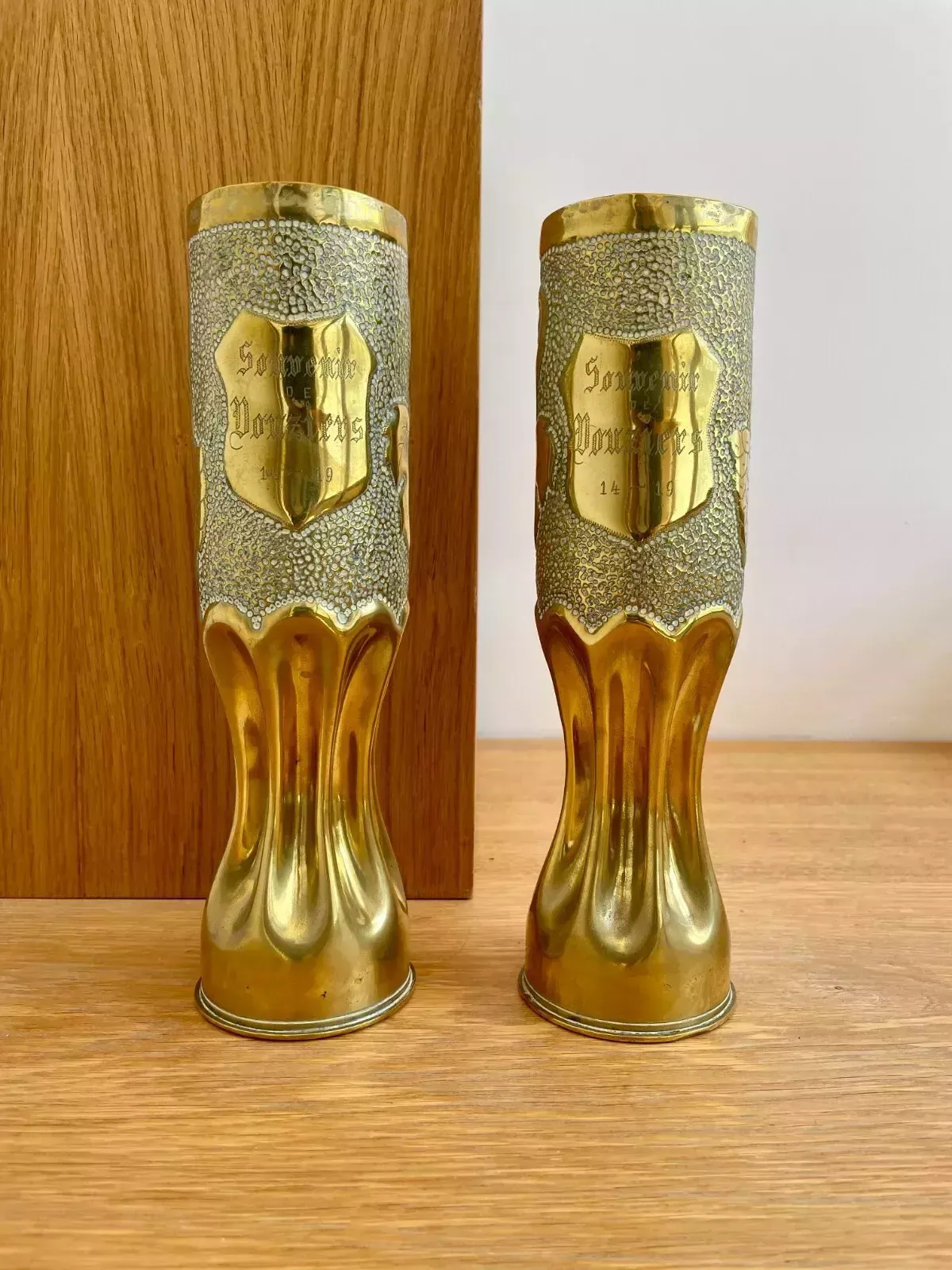 A Pair Of Brass Trench Art Vases With Vine Pattern "Souvenir De Vouziers 14 19" photo for sale