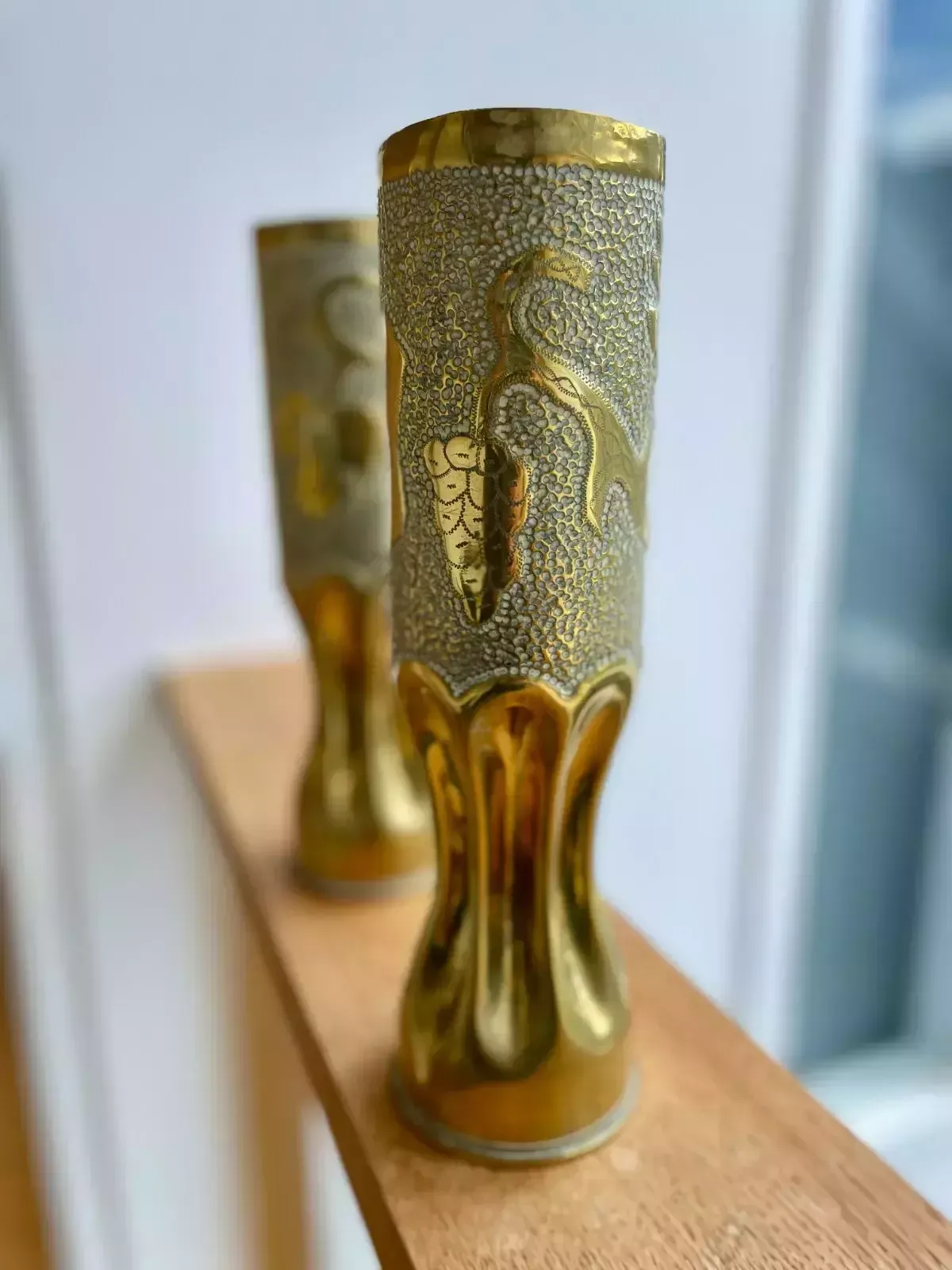 photo for sale A Pair Of Brass Trench Art Vases With Vine Pattern "Souvenir De Vouziers 14 19"
