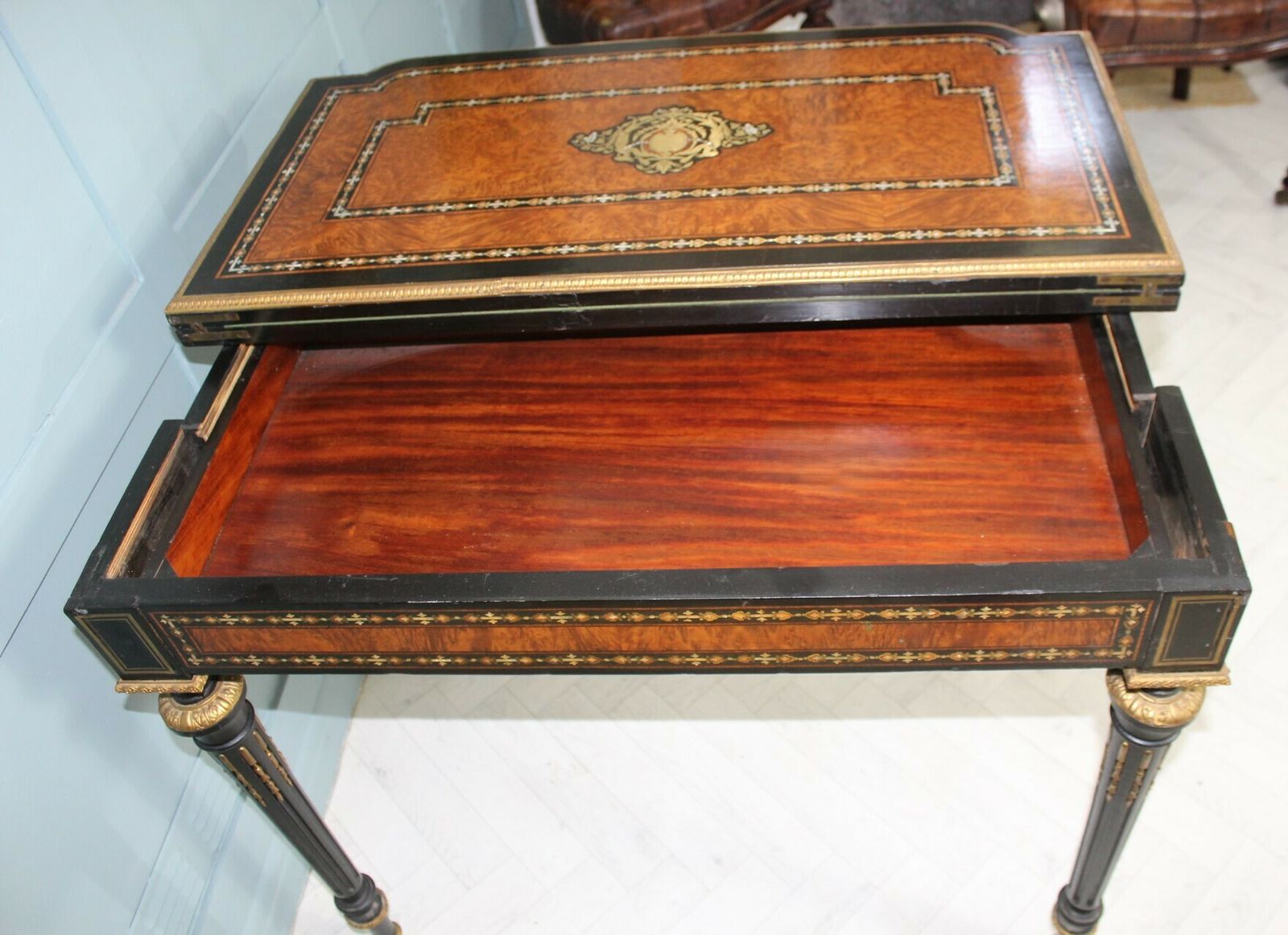 Exceptional 19th Century French Napoleon III Inlaid  Of Mother Of Pearl  And Burr Walnut Card Table photo vintage