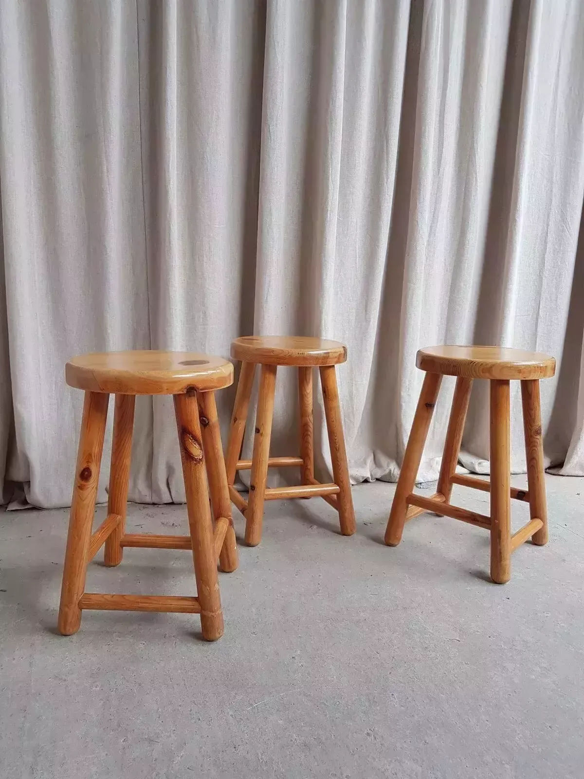201.25 Vtg Late Mid Century Set Of 3 Pine Kitchen Bar Stools Retro Modernist R552 photo
