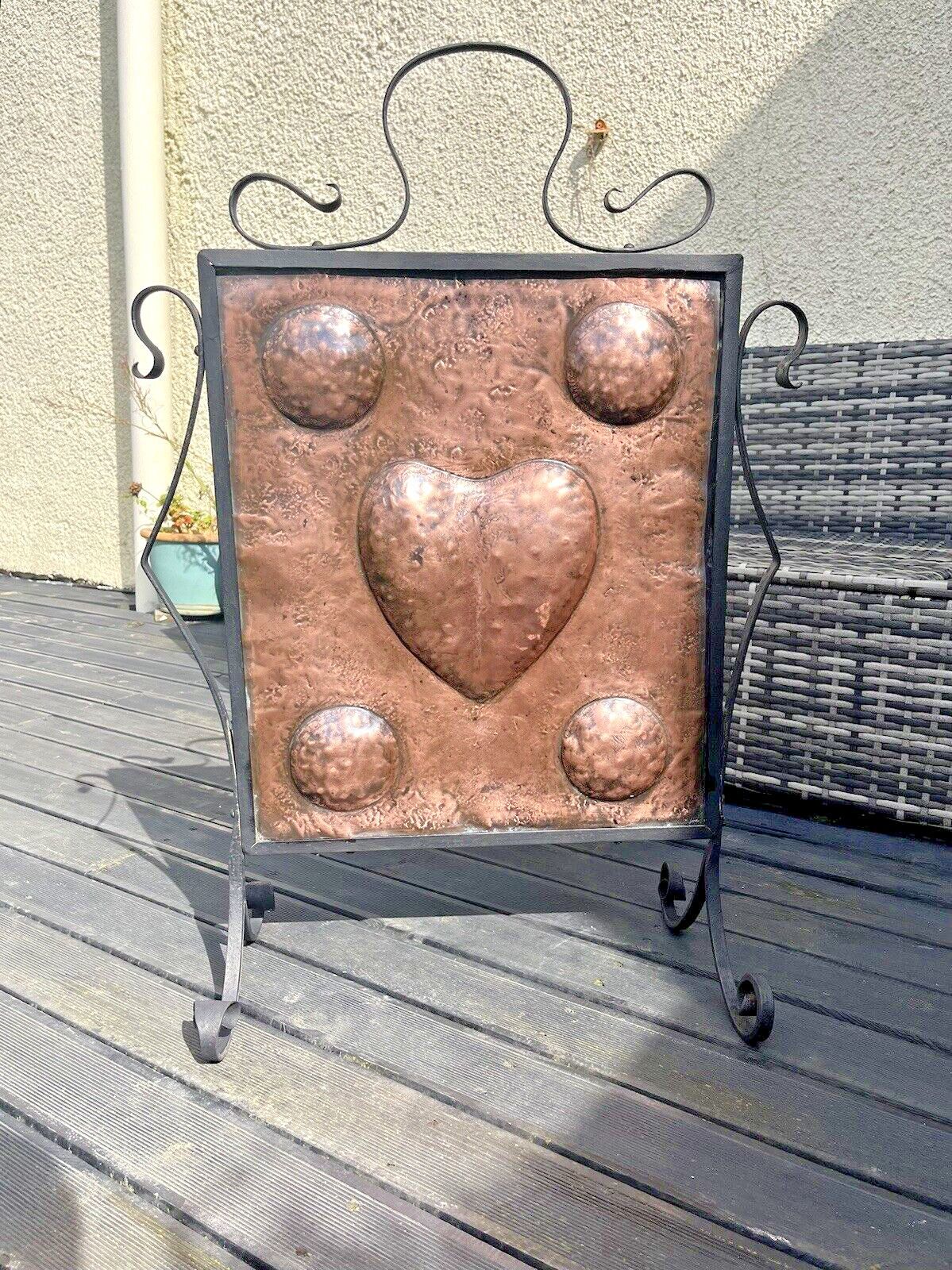 Antique Art Nouveau Heart & Roundel Copper & Wrought Iron Fire Guard Screen Af photo furniture
