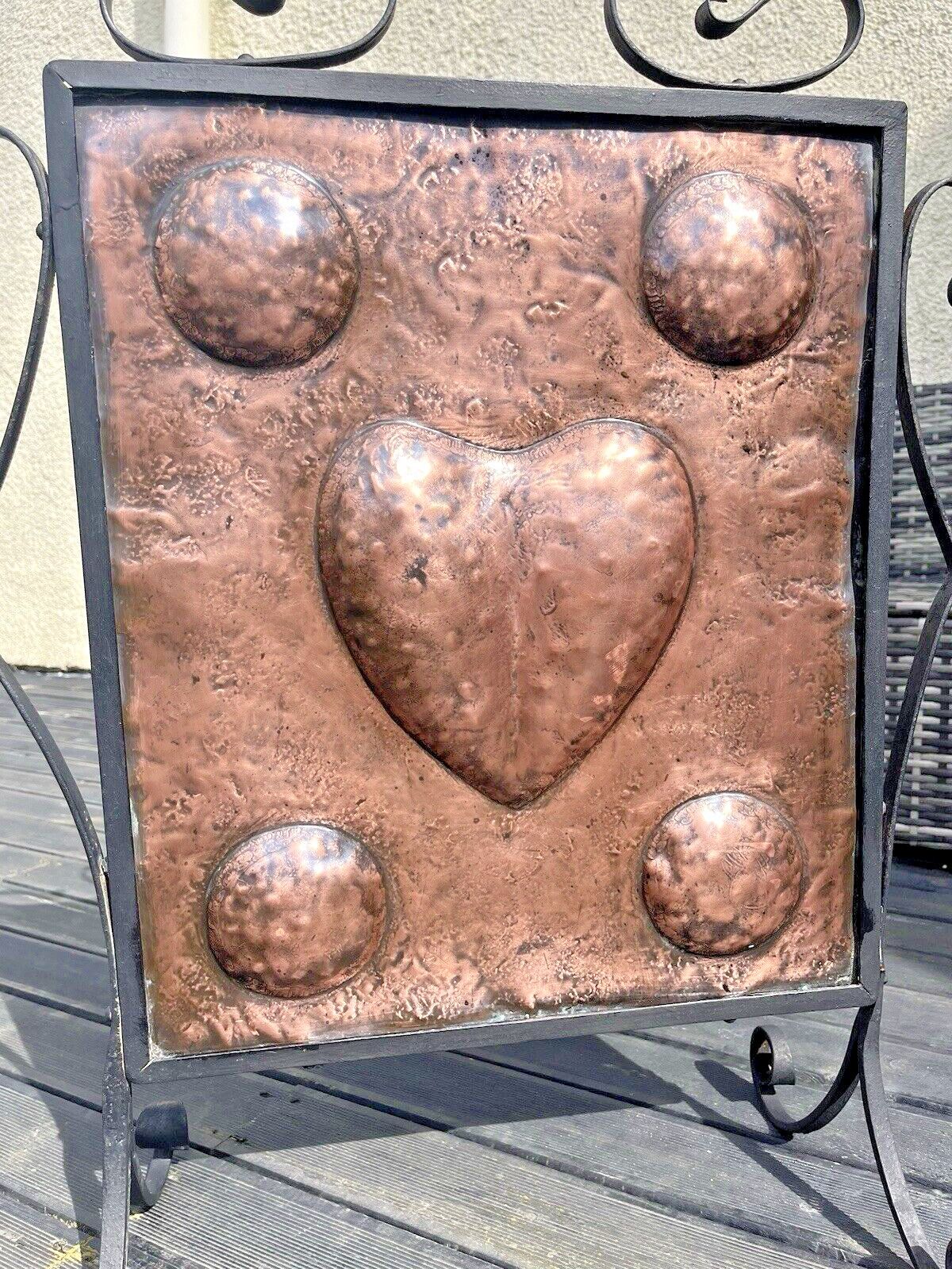 photo vinterior Antique Art Nouveau Heart & Roundel Copper & Wrought Iron Fire Guard Screen Af