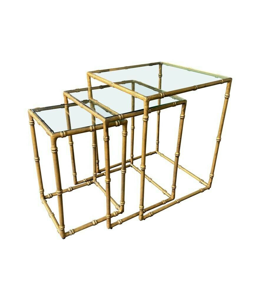 A Set Of Three French 1970s Faux Bamboo Gilt Metal Nest Of Tables, With Glass Shelves