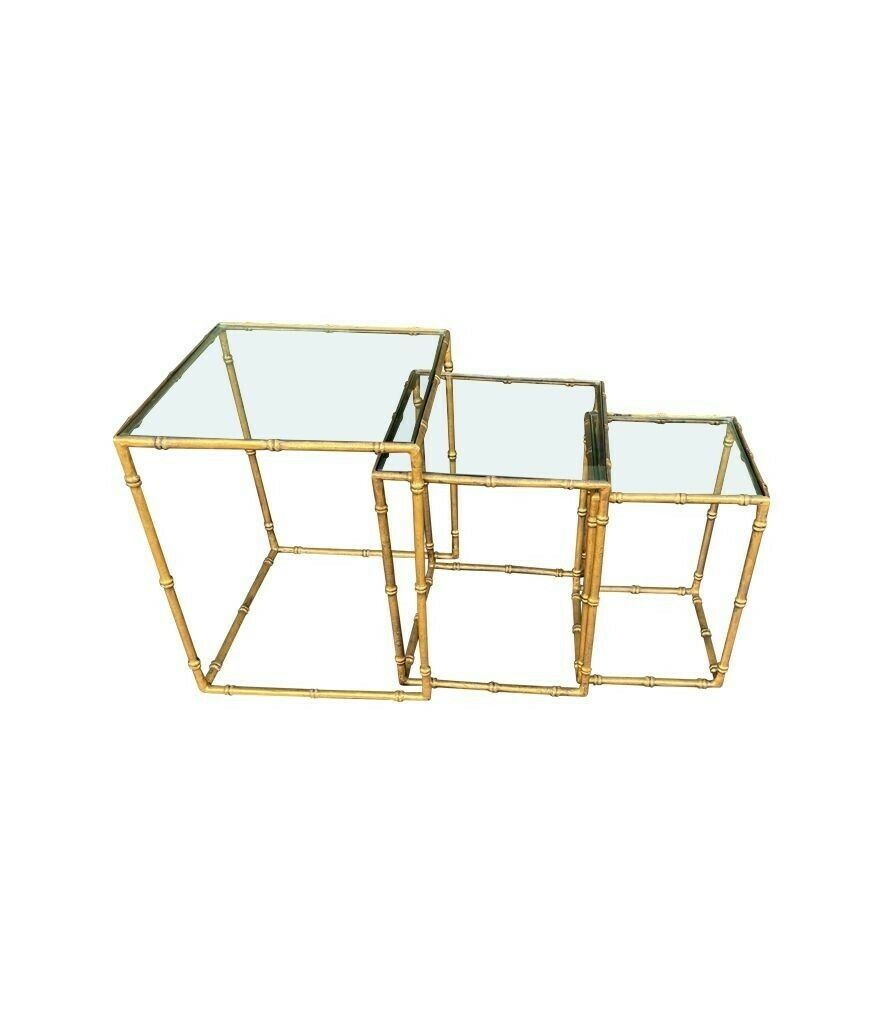 A Set Of Three French 1970s Faux Bamboo Gilt Metal Nest Of Tables, With Glass Shelves photo 1650.0