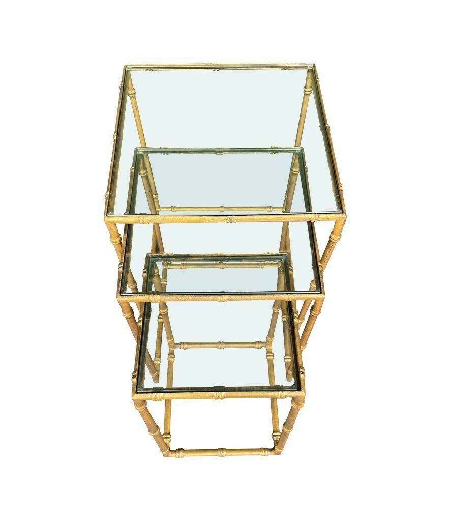 A Set Of Three French 1970s Faux Bamboo Gilt Metal Nest Of Tables, With Glass Shelves photo vinterior