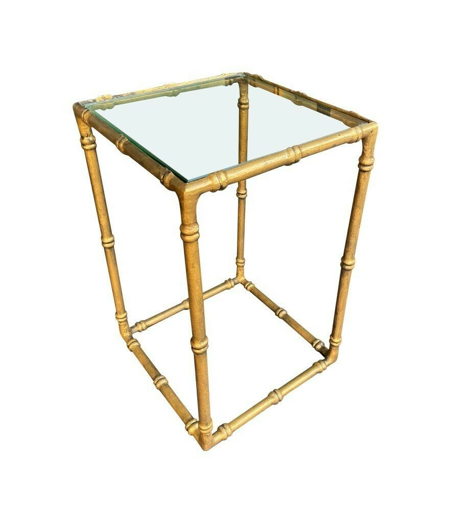 photo for sale A Set Of Three French 1970s Faux Bamboo Gilt Metal Nest Of Tables, With Glass Shelves