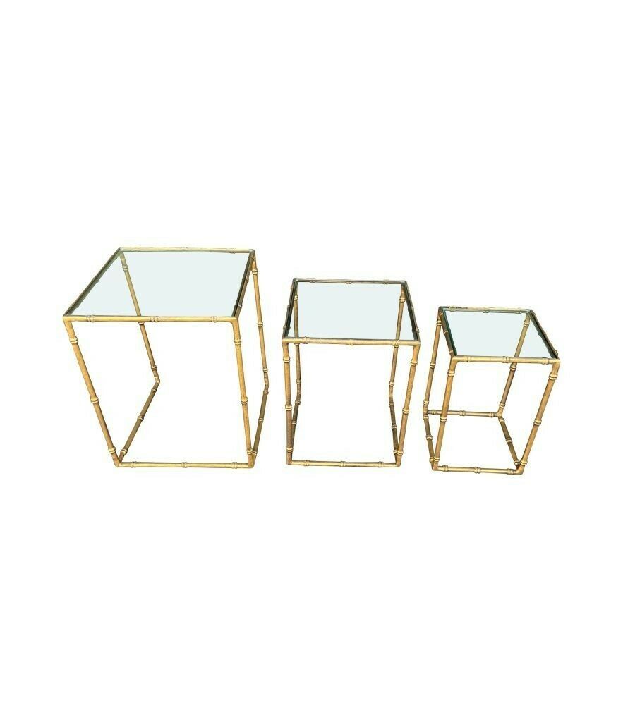 1650.0 A Set Of Three French 1970s Faux Bamboo Gilt Metal Nest Of Tables, With Glass Shelves photo