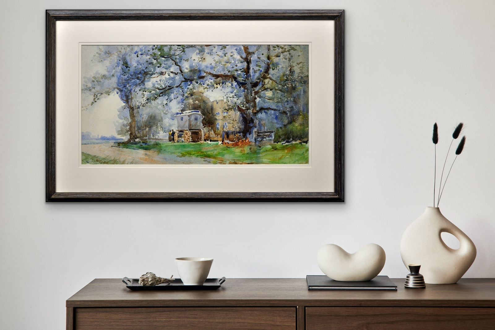 photo vinterior Edgar Woollatt 1871 To 1931. Romany Gypsy Caravan At The Round House, Clifton Lane, Wilford, Nottingham Circa 1910. Framed Watercolour Painting.