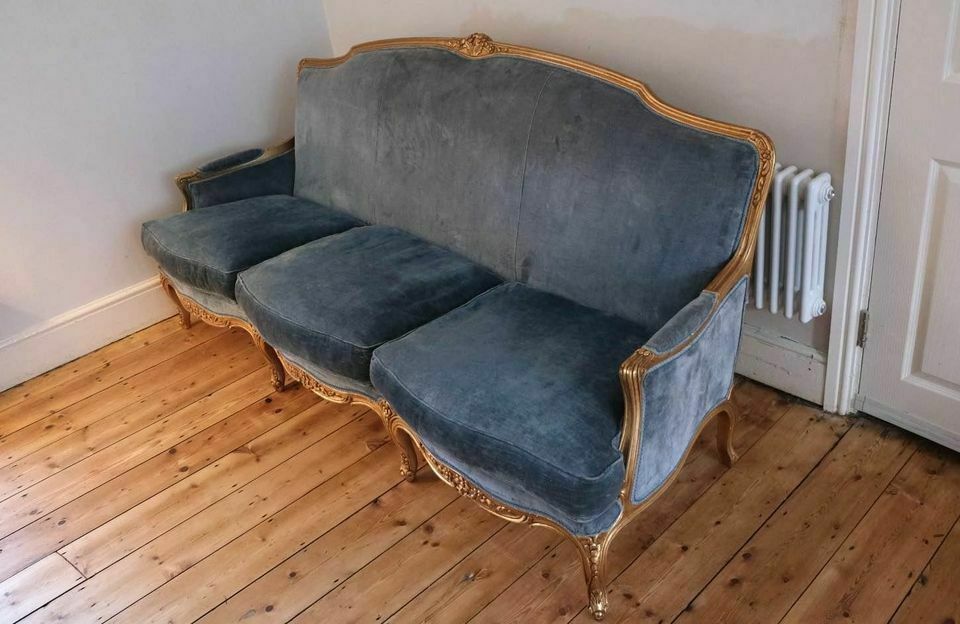 Vintage Style Sofa In Steel Blue Velvet