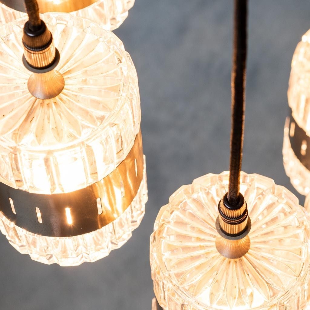 Chandelier 6 Lights Glass Metal 70s Vintage Modern Antiques photo Lighting