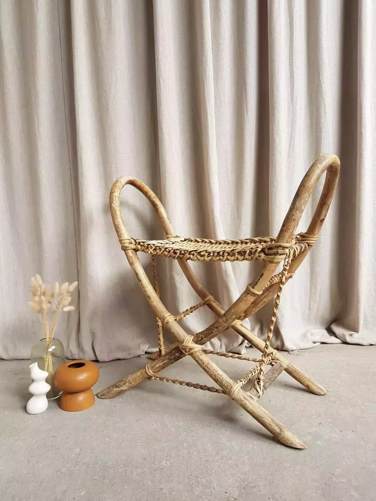 Vtg Early Mid Century Antique 30s Tribal Wicker Stool Bench Bamboo Retro R556