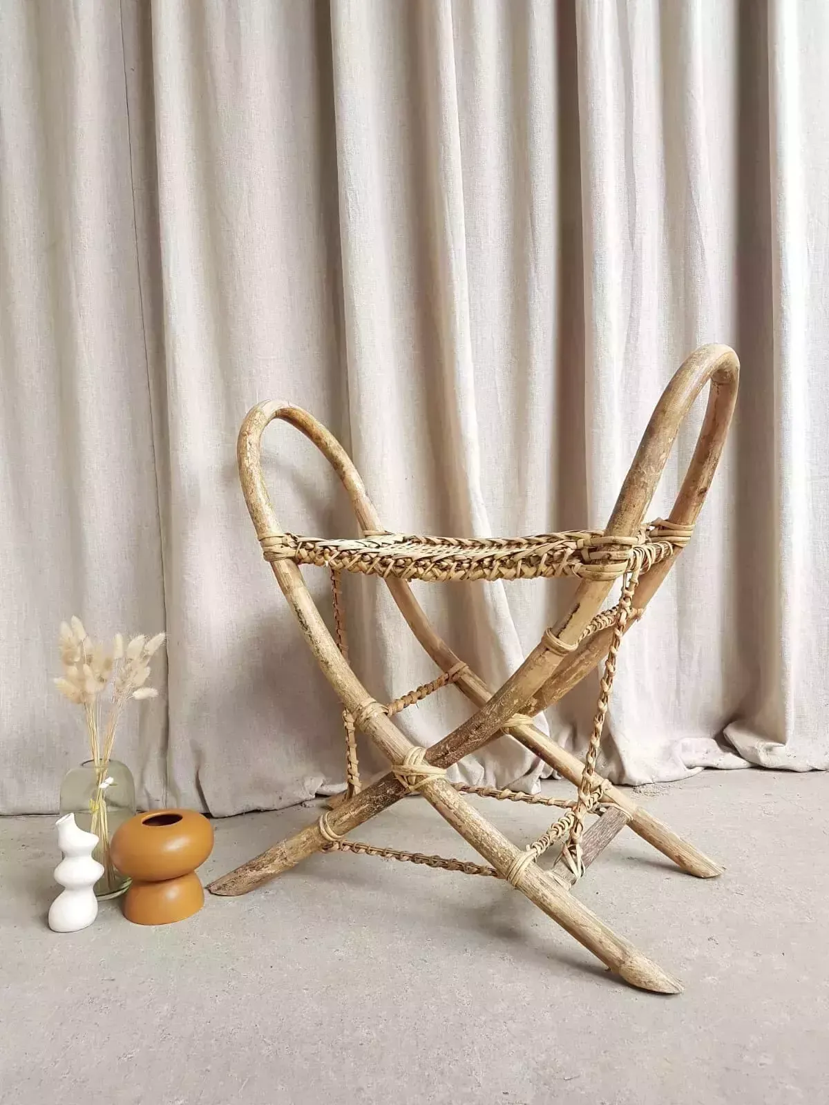 Vtg Early Mid Century Antique 30s Tribal Wicker Stool Bench Bamboo Retro R556 photo furniture