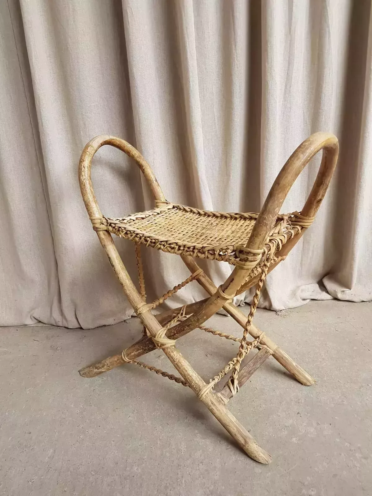 Vtg Early Mid Century Antique 30s Tribal Wicker Stool Bench Bamboo Retro R556 photo 431.25