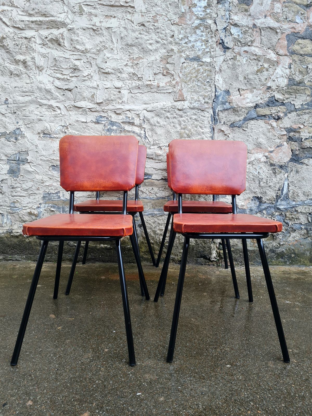 Set Of Four Mid Century Black And Orange Dining Chairs Stackable photo furniture