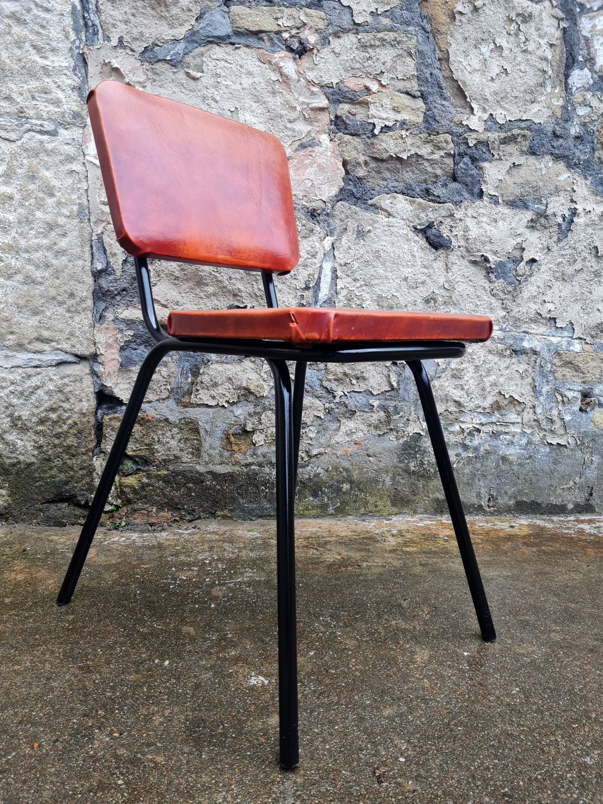Set Of Four Mid Century Black And Orange Dining Chairs Stackable photo vinterior