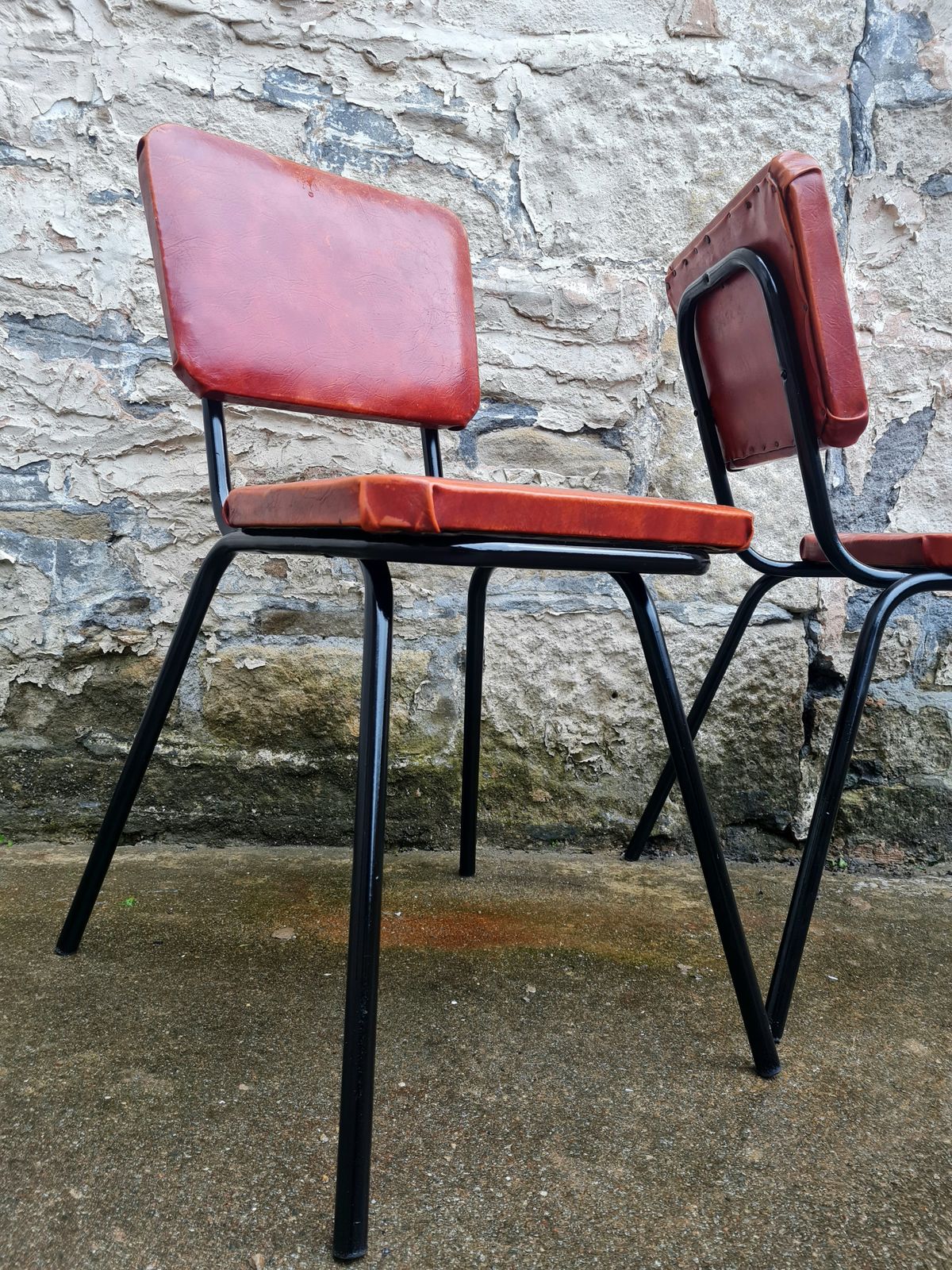 Set Of Four Mid Century Black And Orange Dining Chairs Stackable photo vintage