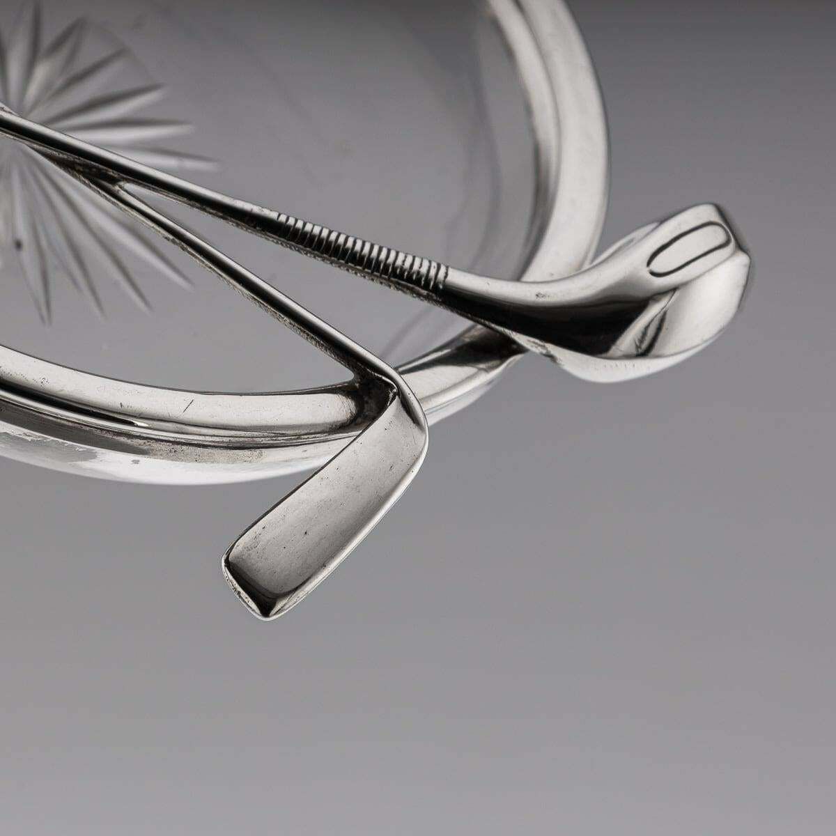 Antique 20th Century English Solid Silver & Cut Glass Golf Theme Ashtray C.1911 photo vintage