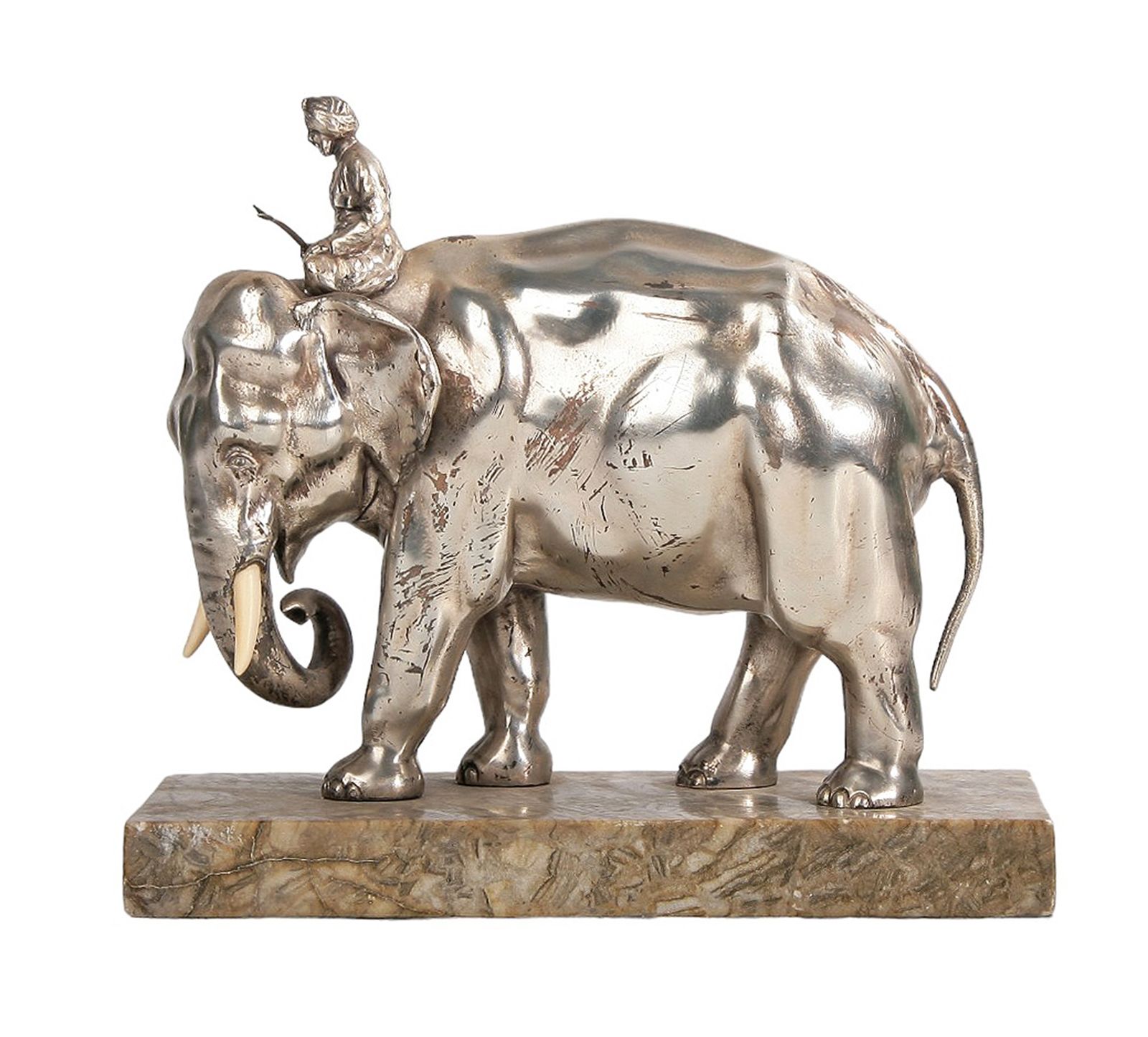 Ealy 20th Century Art Nouveau Silver Tone Metal/Bone Elephant And Rider Sculpture With Stone Base, France photo furniture