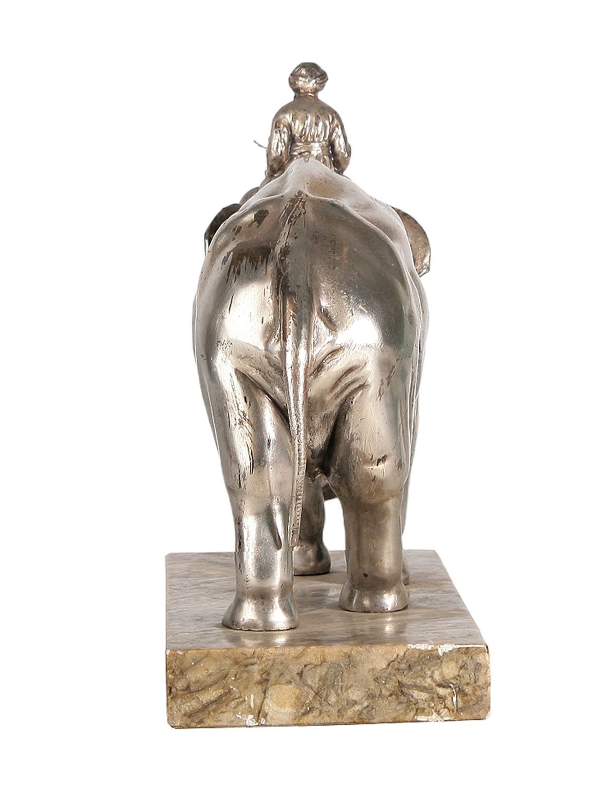 Ealy 20th Century Art Nouveau Silver Tone Metal/Bone Elephant And Rider Sculpture With Stone Base, France photo Art