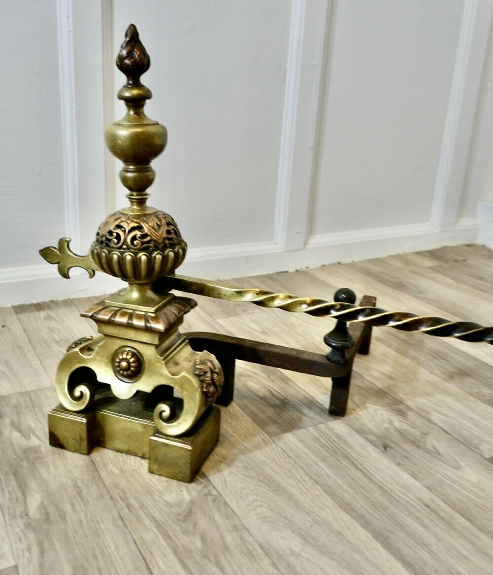A Pair Of Large French Baroque Brass Andirons Or Chenets photo Home Fixtures