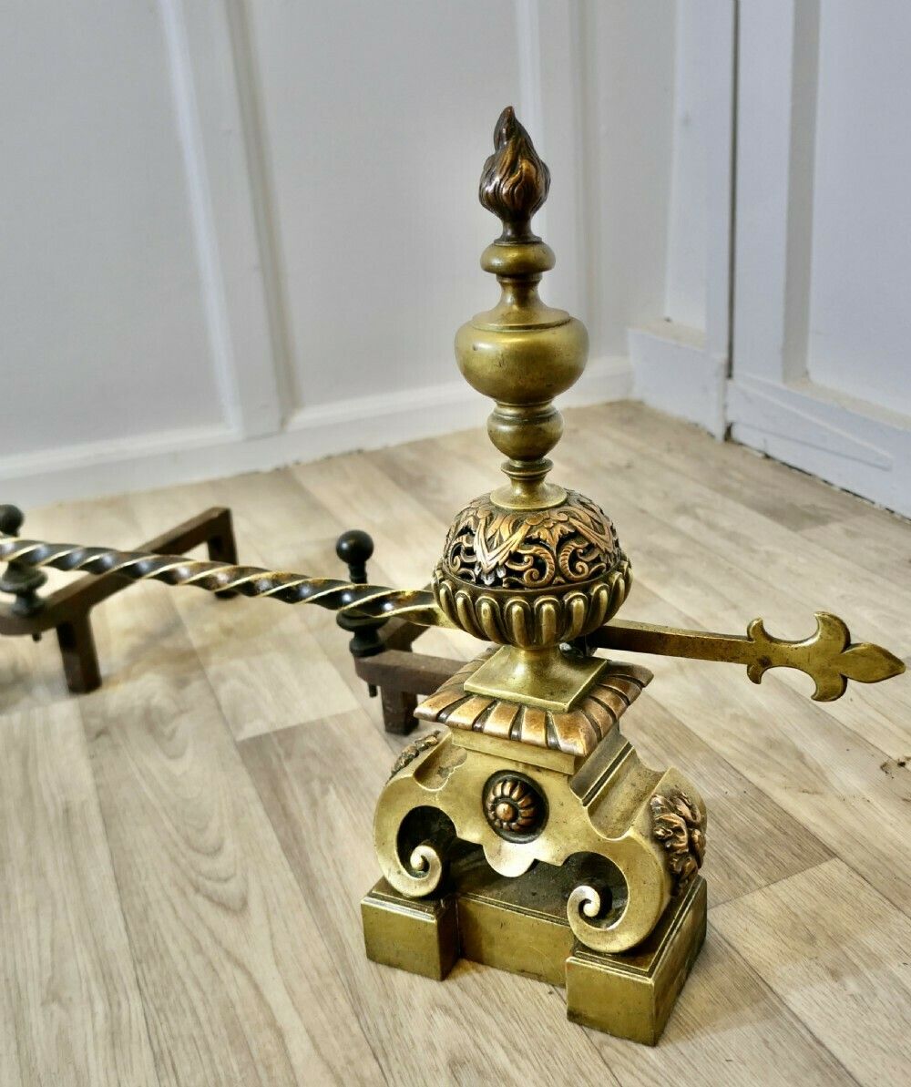 A Pair Of Large French Baroque Brass Andirons Or Chenets photo vintage