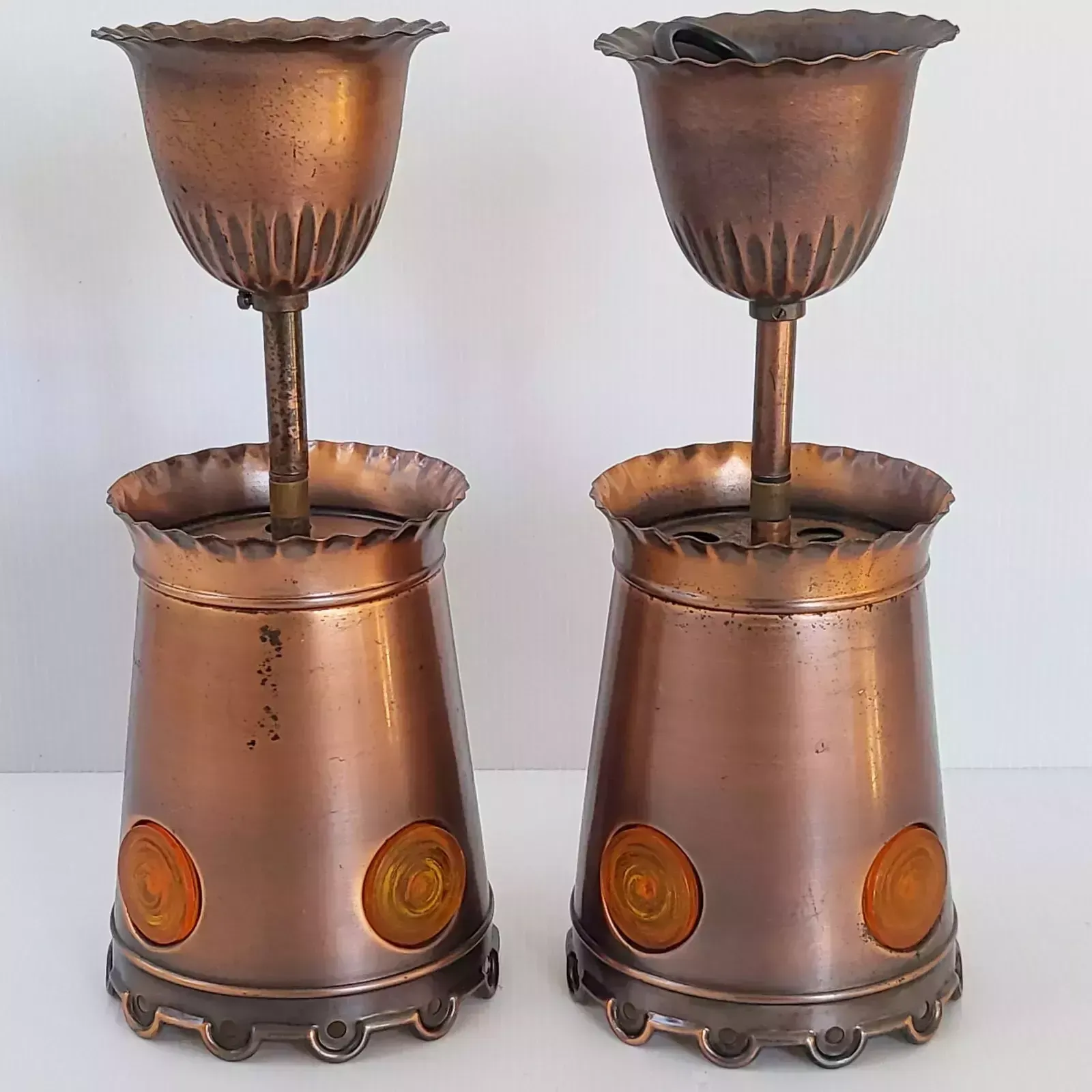 Pair Of Vintage 1970 Brutalist Pendants In Copper & Orange Plastic 70s