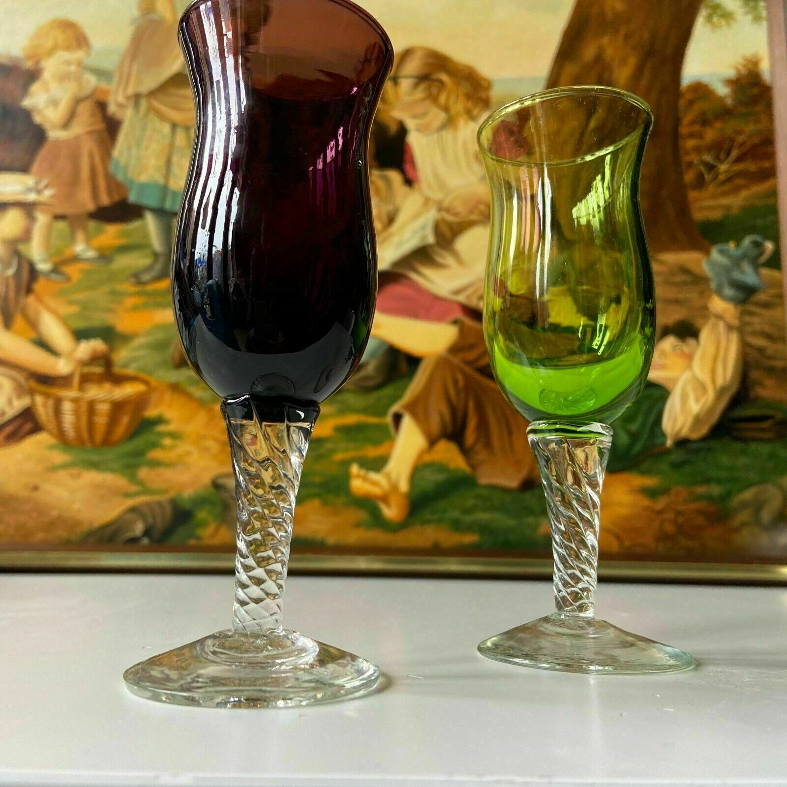 A Pair Murano Tined Glass Flutes Coloured Glass Goblets, Years 1960s photo for sale