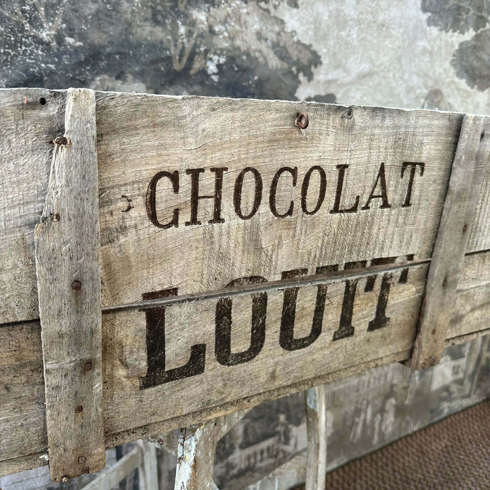 Rare “Louit Freres & Co   Bordeaux” Chocolat Louit Wooden Crate   French Antique photo vinterior