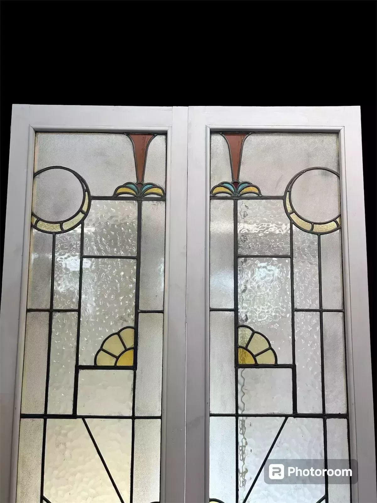 Art Deco Stained Glass Doors Antique Period Reclaimed Old French Lead Double Set photo furniture