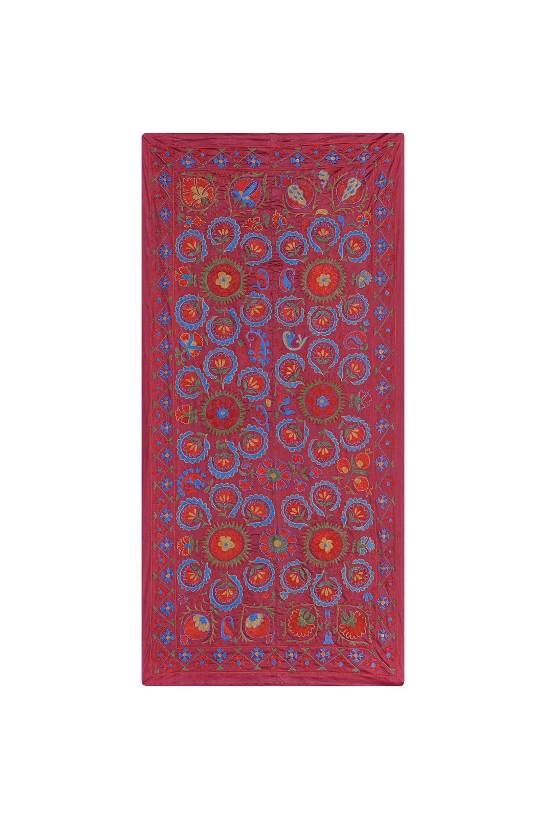 Silk Red Suzani Tapestry With Floral Design, Pictorial Suzani Wall Hanging Decor, Bukhara Tablecloth 3'1'' X 6'3''