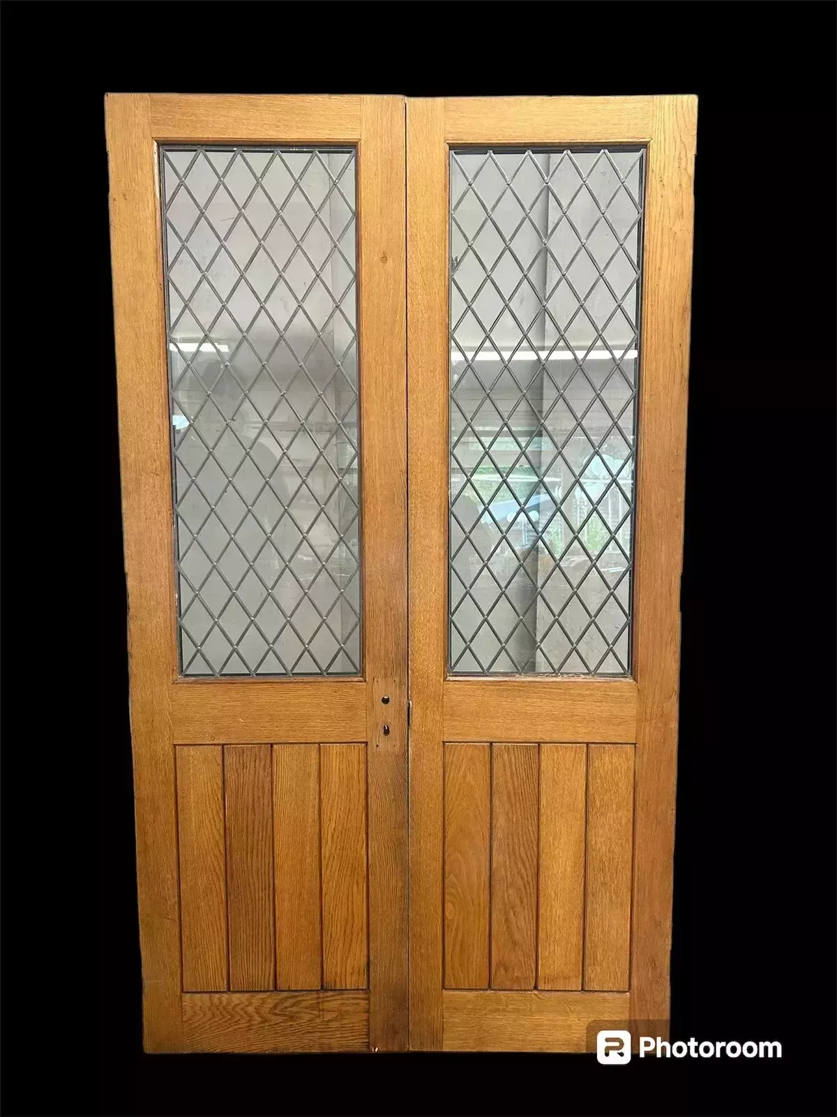 Solid Oak French Door Set Double Glazed 2 Antique Leaded Period Reclaimed Wood