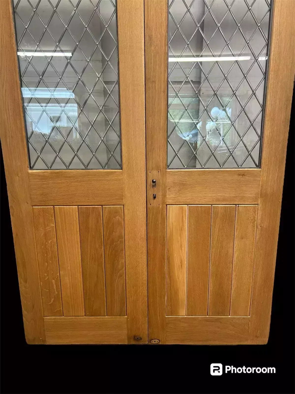 Solid Oak French Door Set Double Glazed 2 Antique Leaded Period Reclaimed Wood photo vintage