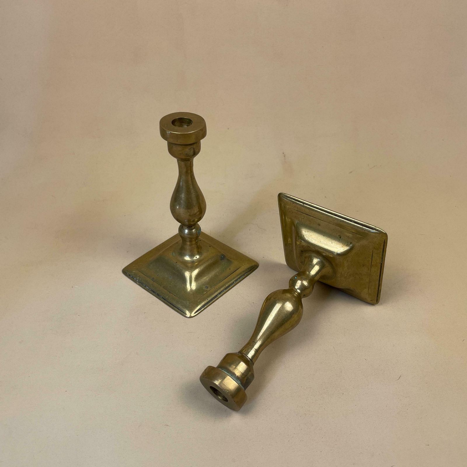 Antique Matching Pair Of Gold Brass Metal Candlestick Candle Stick Vintage Column Taper Dinner Candlesticks Square Base Column photo furniture