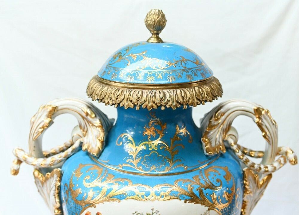 photo buy Pair Large Sevres Floral Porcelain Vases Amphora Urns