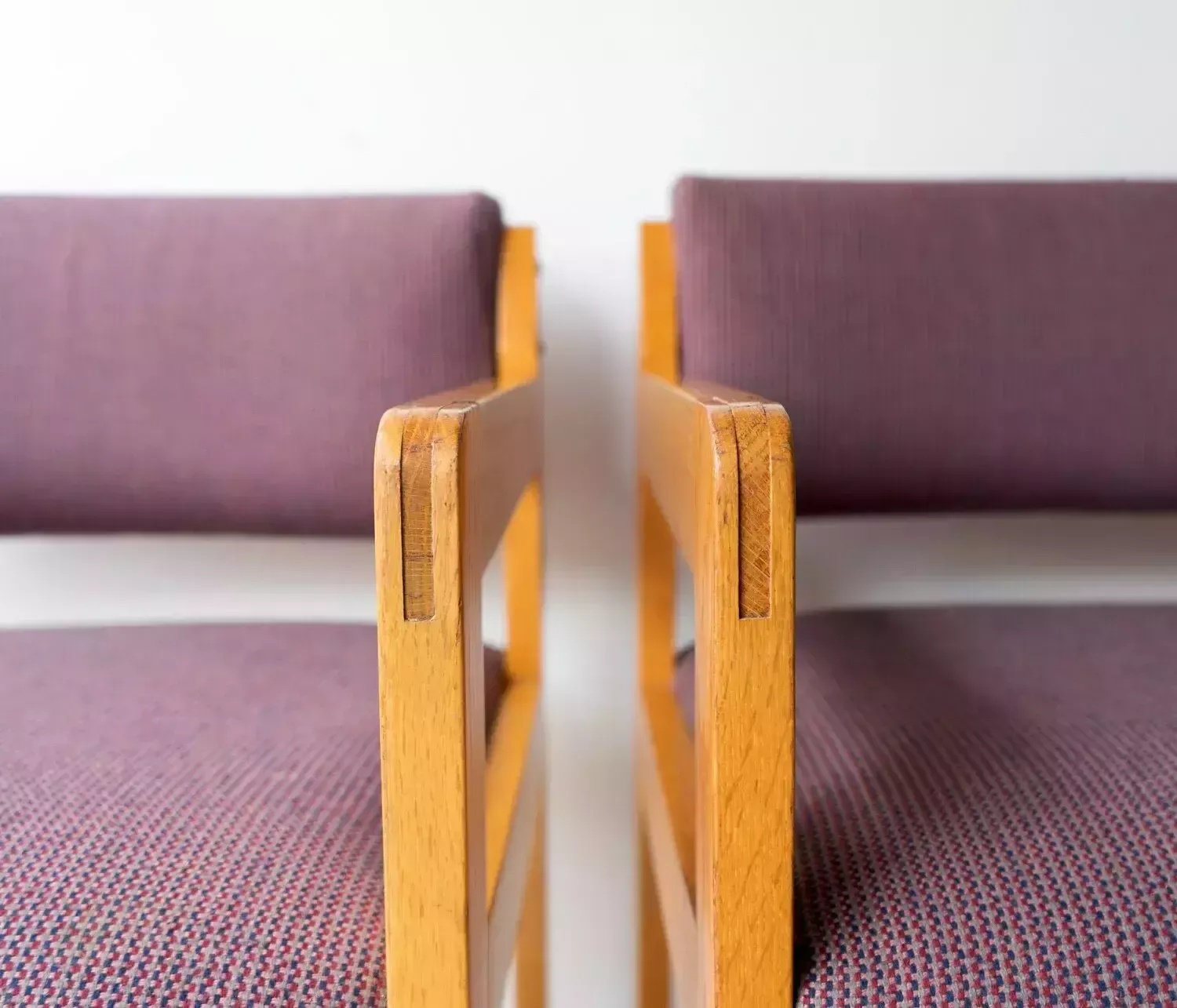 photo furniture Pair Of Vintage Sculptural Upholstered Oak Cube Armchairs, C. 1970’s