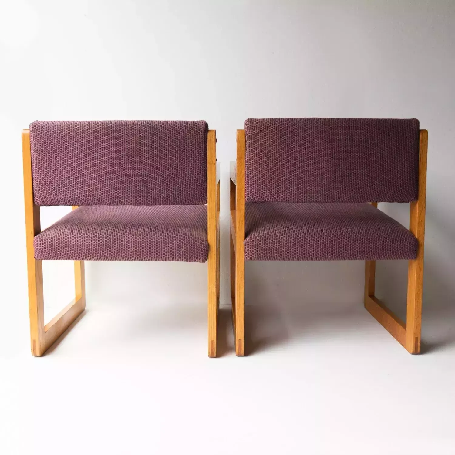 395.0 Pair Of Vintage Sculptural Upholstered Oak Cube Armchairs, C. 1970’s photo