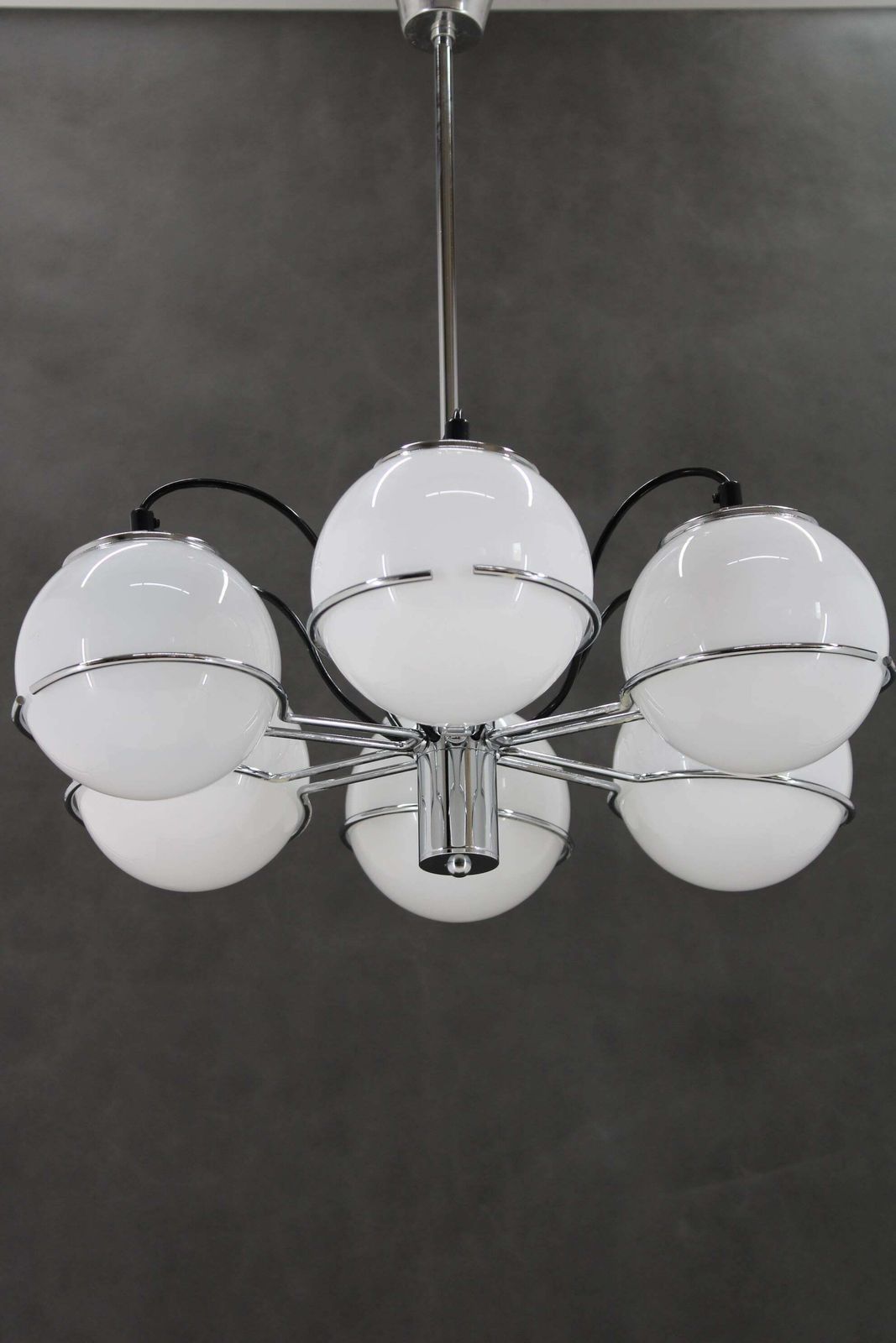 1970s Targetti Sankey Italian Chrome And Opaline Glass Chandelier photo for sale